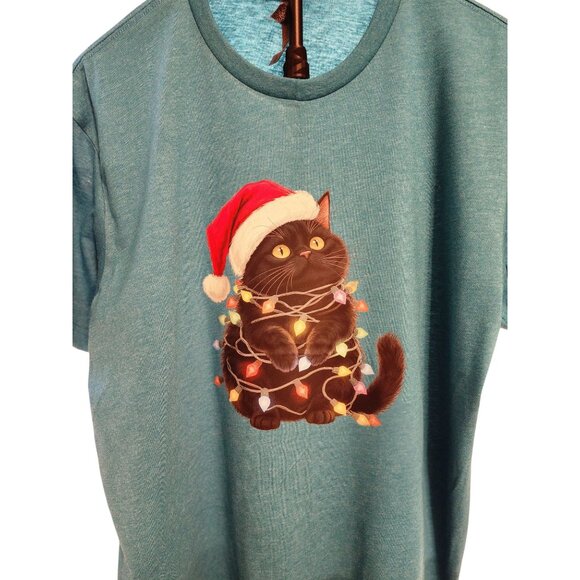 Black Cat Christmas Lights T-Shirt – Cute Holiday Kitty Santa Hat Tee – Funny Fe - Picture 3 of 7